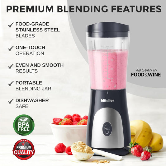 Mueller Heavy-Duty Personal Blender for Shakes and Smoothies with a 15 Oz Travel Cup and Lid, Juices, Baby Food, Portable Blender & Food Processor, Turquoise