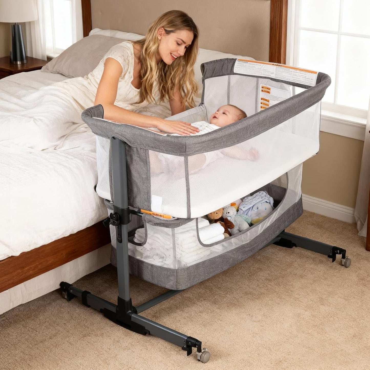 Baby Bassinet Bedside Sleeper, 3-in-1 Bedside Bassinet, 5 Height Adjustable Rocking Baby Crib, Breathable Full Mesh, Mosquito Net, Storage Basket, Stable and Secure Bassinets for Newborn (Pink)