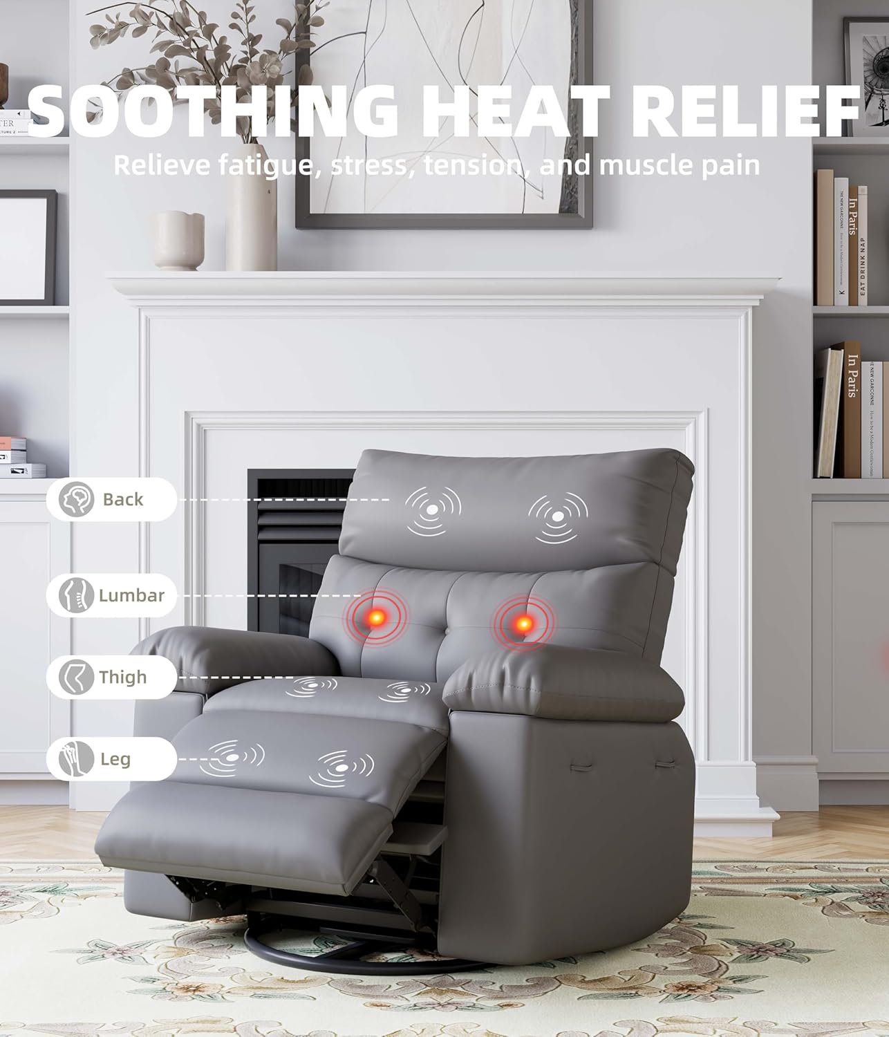 GarveeHome Oversized Power Rocker Swivel Recliner Chair - Heat and Massage, PU Leather Electric Glider Rocking Chair with USB Port, Glider Recliner Nursery Chair for Living Room, Bedroom, Nursery