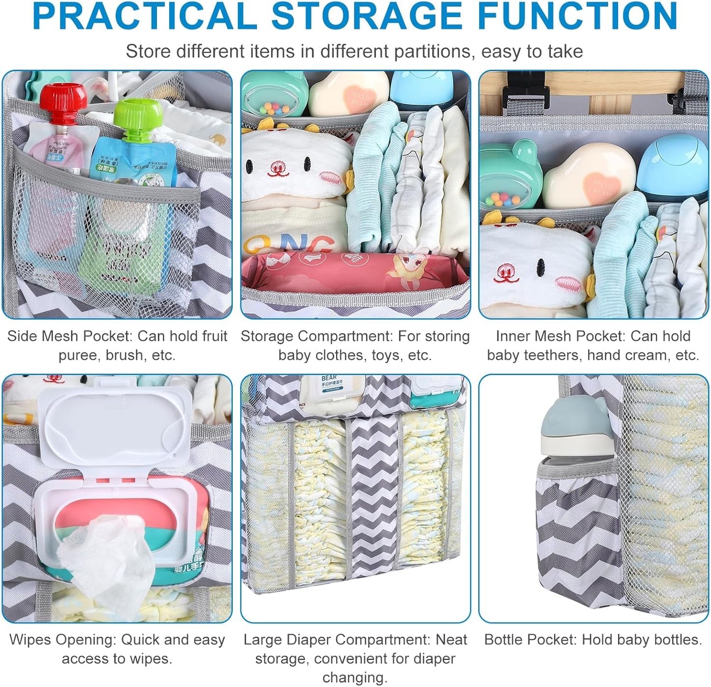 Accmor Hanging Baby Diaper Caddy Organizer, Diaper Stacker, Baby Crib Hanging Classified Storage Bag Organizer for Changing Table, Crib, Playard or Wall & Nursery Organization, Grey