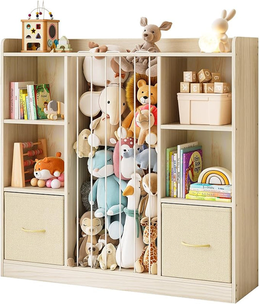 EXPERLAM Toy Storage Organizer with Stuffed Animal Storage, Wooden Toy Organizer & Stuffed Animal Zoo, 6 Cubes Shelf with Removable Drawers, 4 -in-1 Book Shelf for Kids Room, Playroom, Nursery