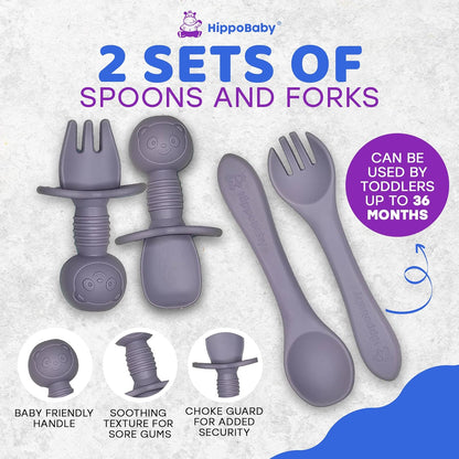 HippoBaby Baby Led Weaning Supplies | 10 Piece Silicone Baby Feeding Set | Baby Toddler Bib Cup Divided Plate and Bowl Self Feeding Spoons Dish Set | Baby Utensils | Toddler Feeding Supplies (Sky)