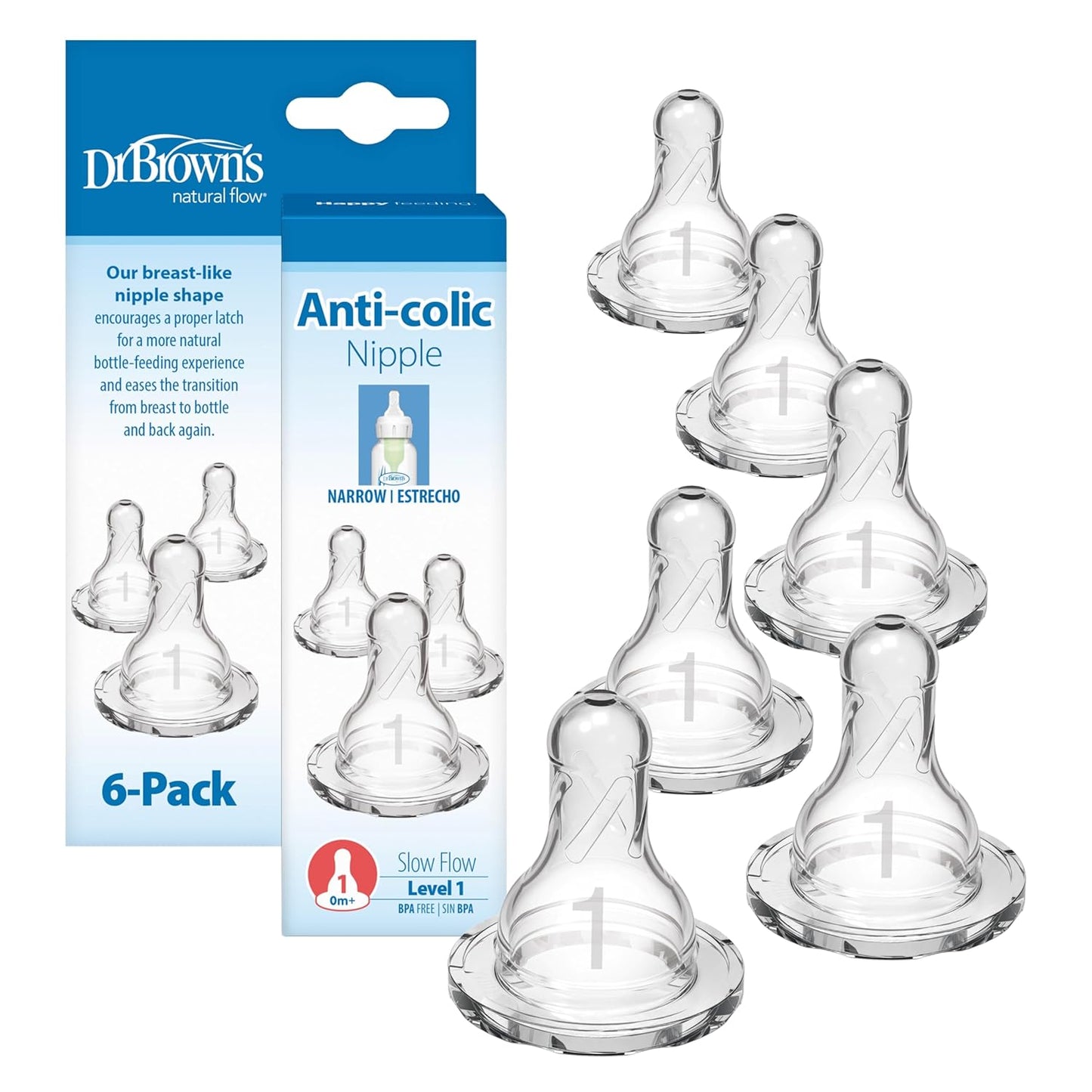 Dr. Brown's Natural Flow Level 1 Narrow Baby Bottle Silicone Nipple, Slow Flow, 0m+, 100% Silicone Bottle Nipple, 6 Count (Pack of 1)