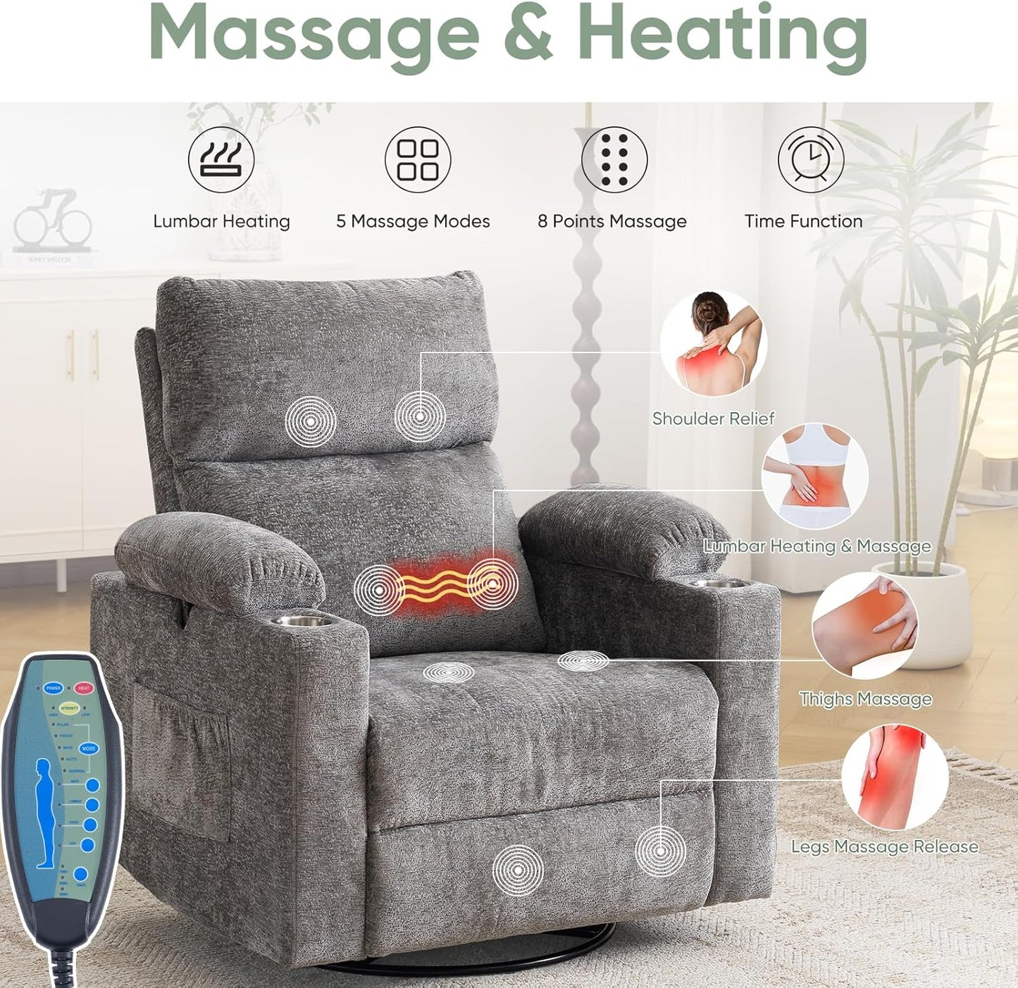 Rocking Chair Nursery with Adjustable Armrest for Breastfeeding, Glider Recliner Nursery Chair with Massage and Heat, Power Swivel Rocker Recliner with Adjustable Headrest, Corduroy, Beige