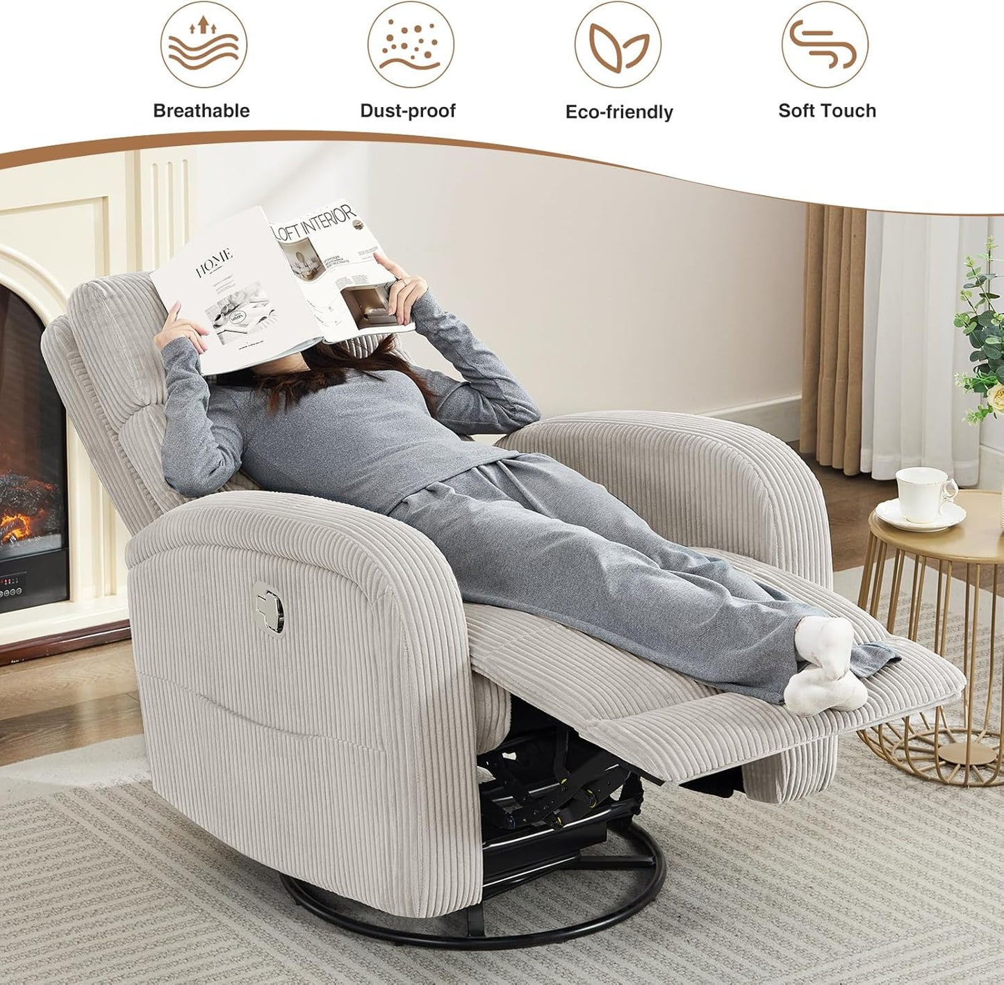 Power Swivel Rocker Recliner Chair for Nursery, Swivel Reclining Rocking Chairs, Electric Glider for Living Room, Upholstered Recliner Chairs for Bedroom, Corduroy White