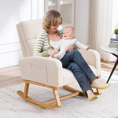 HCHAIRH Rocking Chair Nursery, Upholstered Fabricr Nursing Rocking Chairs with Soft High Back, Modern Nursery Glider Rocker for Mom Living Room, Bedroom, Camel