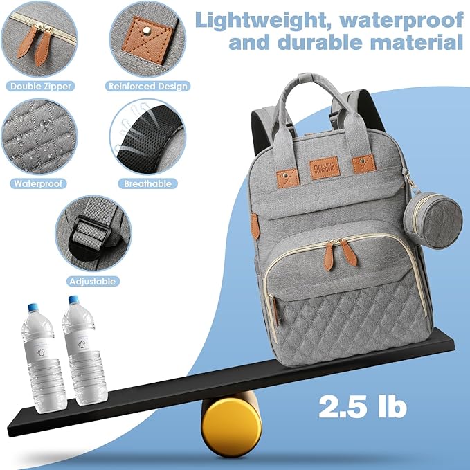 JSTPRO Diaper Bag Backpack, Large Diaper Bag with Changing Station, Baby Bag, New Mom Gifts, Lightweight Waterproof Unisex Diaper Bag with Insulated Pockets and USB Charging Port, Grey