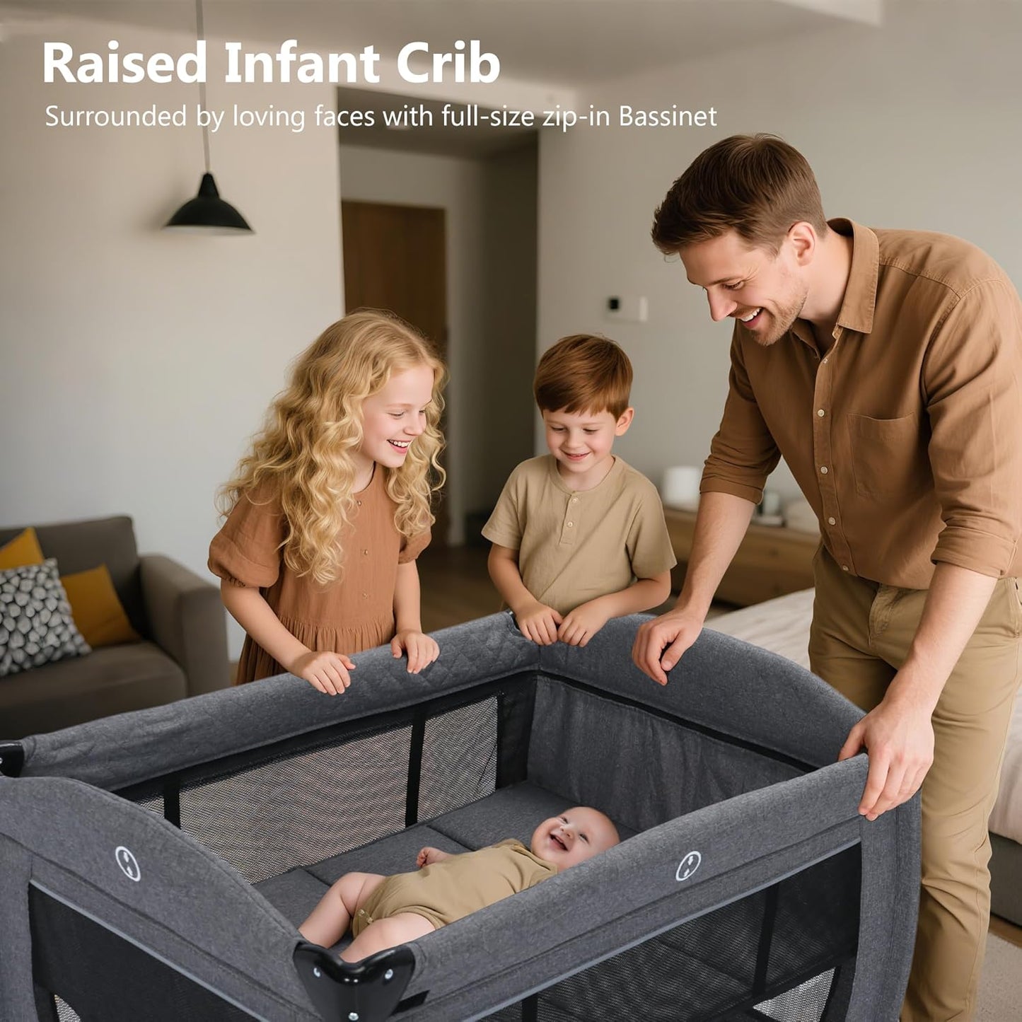 Kinder King 4 in 1 Foldable Pack and Play with Bassinet & Changing Table, Portable Playard for Babies and Toddlers, Adjustable Canopy, Storage Bag, Light Gray