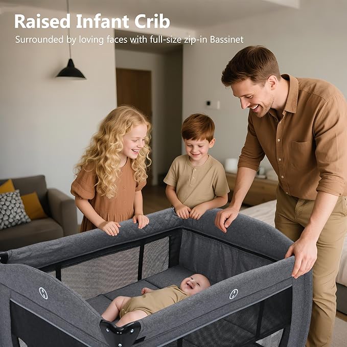 Kinder King 4 in 1 Foldable Pack and Play with Bassinet & Changing Table, Portable Playard for Babies and Toddlers, Adjustable Canopy, Storage Bag, Light Gray