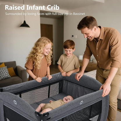 Kinder King 4 in 1 Foldable Pack and Play with Bassinet & Changing Table, Portable Playard for Babies and Toddlers, Adjustable Canopy, Storage Bag, Light Gray