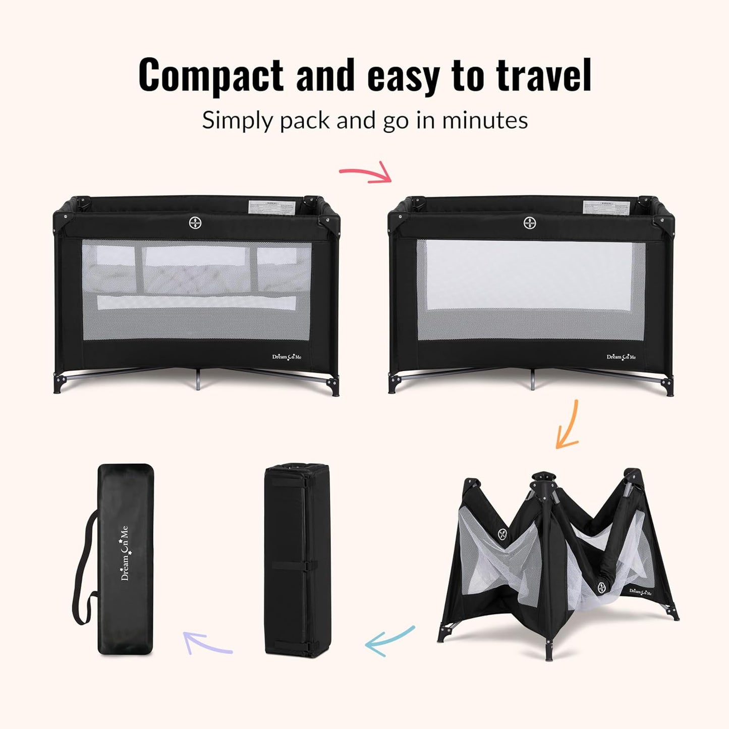 Dream On Me Zazzy Portable Playard with Bassinet in Black, Lightweight Packable and Easy Setup Baby Playard with Mattress and Travel Bag