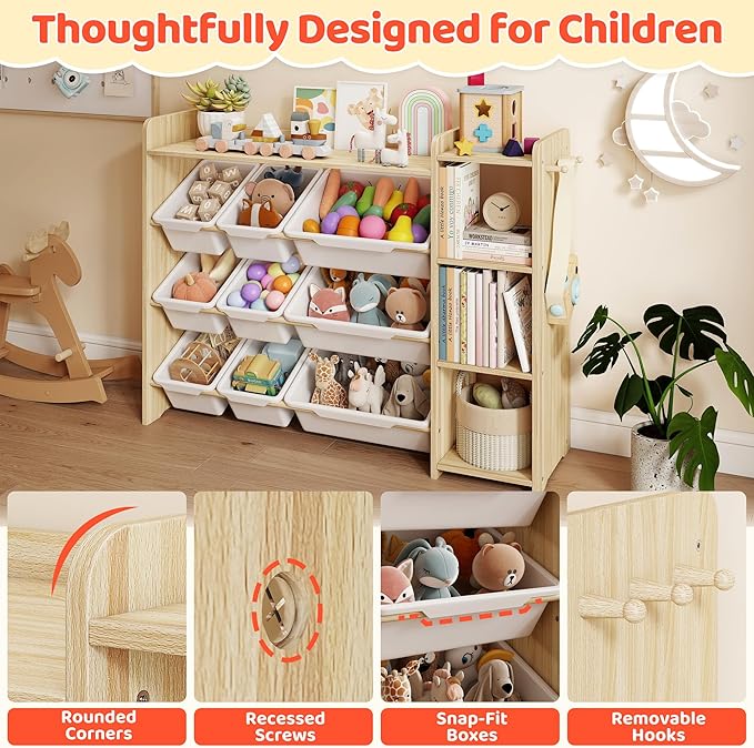 DOREROOM Toy Storage Organizer with Bookshelf, Kids Toy Storage and Organizers with 3 Shelves/9 Bins/3 Hooks, Bin Shelf, Toy Organization for Playroom, Nursery, Bedroom, Toddler Room | Wood & White