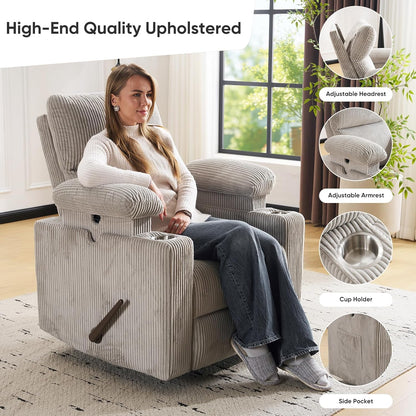 Rocking Chair Nursery with Adjustable Armrests, Electric Glider Recliner Nursing Chair for Breastfeeding, Power Swivel Recliner Chairs with Massage and Heat, Adjustable Headrest , FSC Certified, White