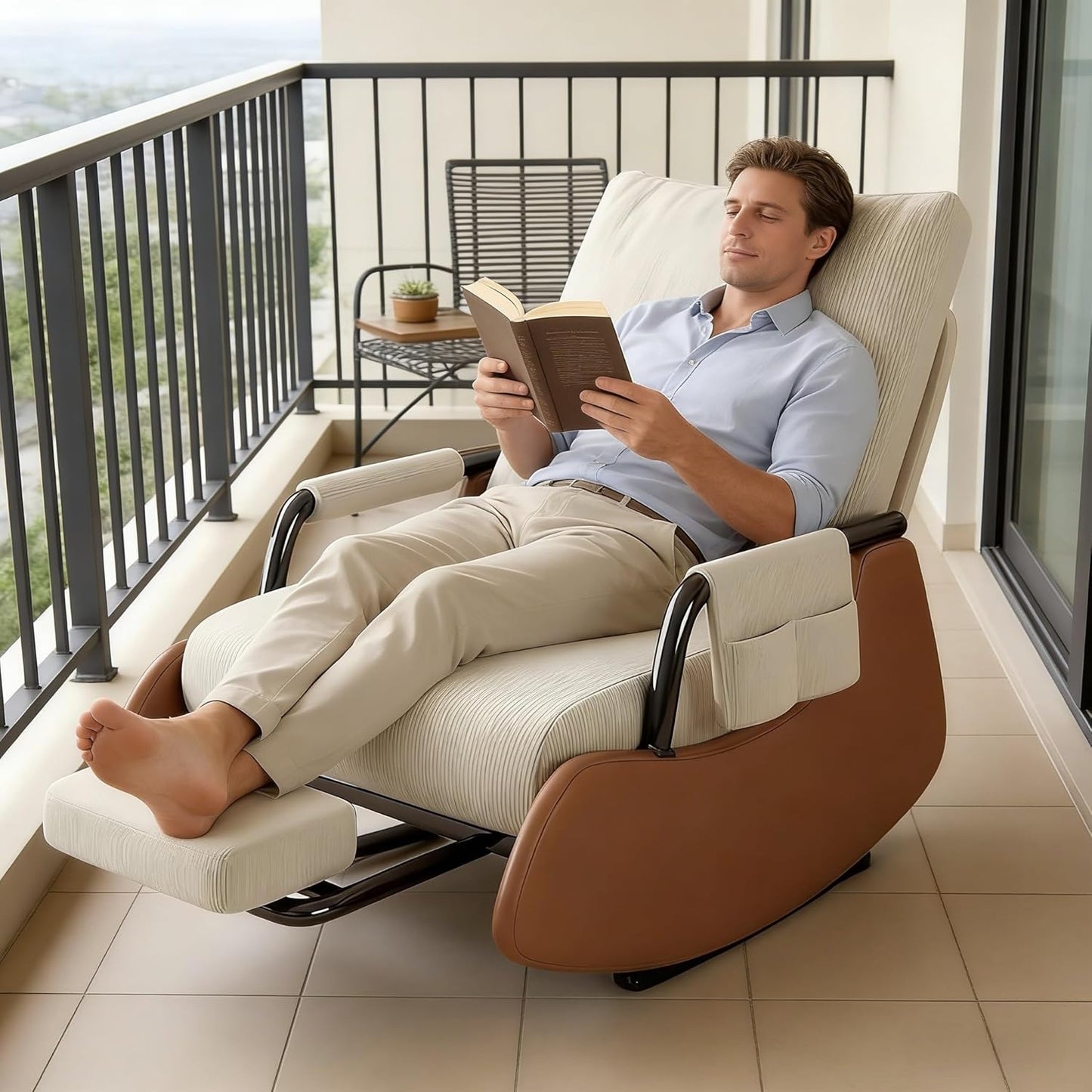 JPBSTO Rocking Chair Nursery, Upholstered Glider Rocking Chair with Side Pocket and Adjustable High Backrest, Comfortable Rocker Recliner with Footrest Perfect for Living Room Bedroom, Beige