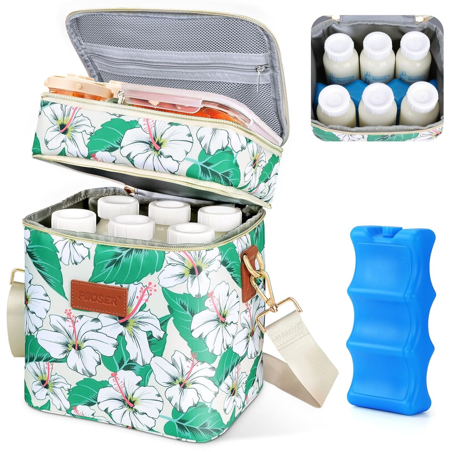 PIIOSER Breastmilk Cooler Bag with Ice Pack Fits 6 Baby Bottles Up to 9 Ounce, Insulated Baby Bottle Tote Bags, Double Layer Waterproof Leak-Proof with Shoulder Strap for Nursing & Working Mom (Grey)