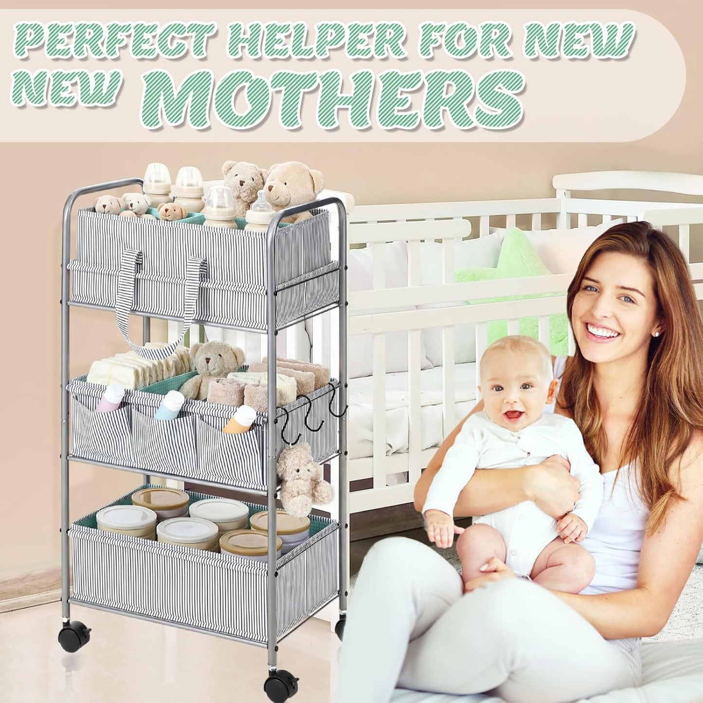 WILLBOND 2in1 Baby Diaper Caddy Organizer Cart, 3 Tier Large Capacity Metal Utility Bedside Rolling Cart with Divider for Newborn Registry Nursery Essential Must Have Gift Baby Shower Bedroom(Pink)