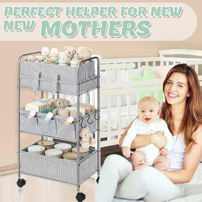 WILLBOND 2in1 Baby Diaper Caddy Organizer Cart, 3 Tier Large Capacity Metal Utility Bedside Rolling Cart with Divider for Newborn Registry Nursery Essential Must Have Gift Baby Shower Bedroom(Pink)