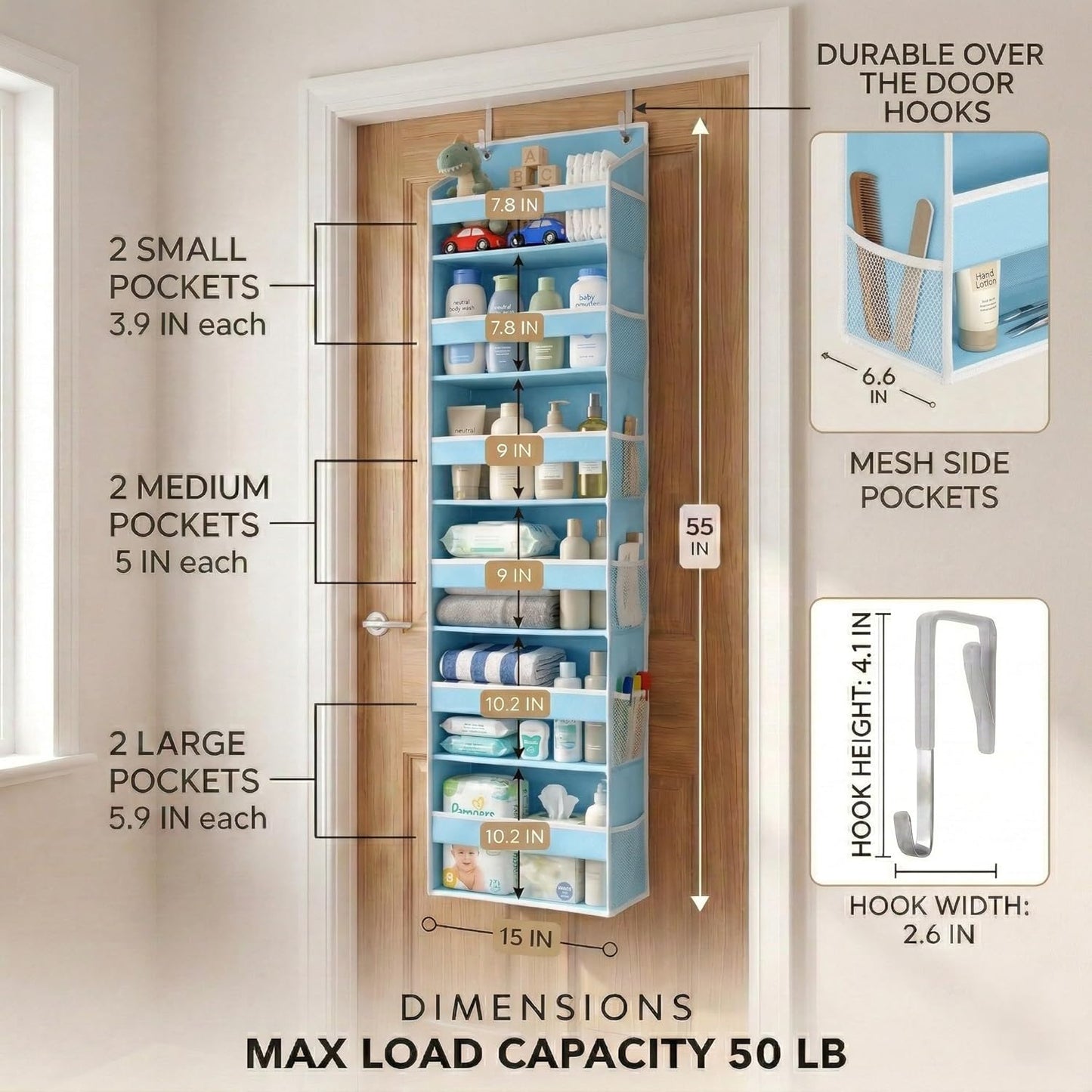 HOMELUX THEORY UPGRADED 6 Tiers Over The Door Organizer Hanging - 100D EXTRA THICK & 50lbs HUGE CAPACITY, 12 Side Mesh Pockets Over The Door Shoe Organizer, Hanging Closet Organizer (Ivory, 1pc)