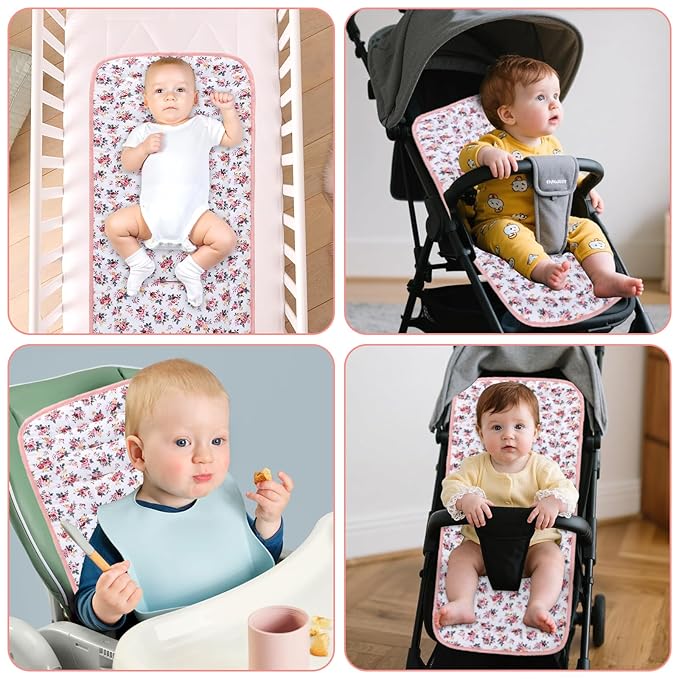 Baby Stroller Cushion,Infant Car Seat Insert-Reversible Universal Breathable and Soft Newborn Stroller Mat,100% Cotton Cover Toddler Seat Pad Liner-34x78cm,1 Pack(Pink Flowers)