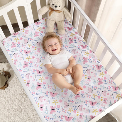 PHF 3 Pack Soft Mini Crib Sheets, Floral & Animal Pack N Play Sheets for Baby Boys Girls, No Slip Universal Fit for Pack N Play, Playard, Portable and Mini Crib Mattresses,Floral & Animal
