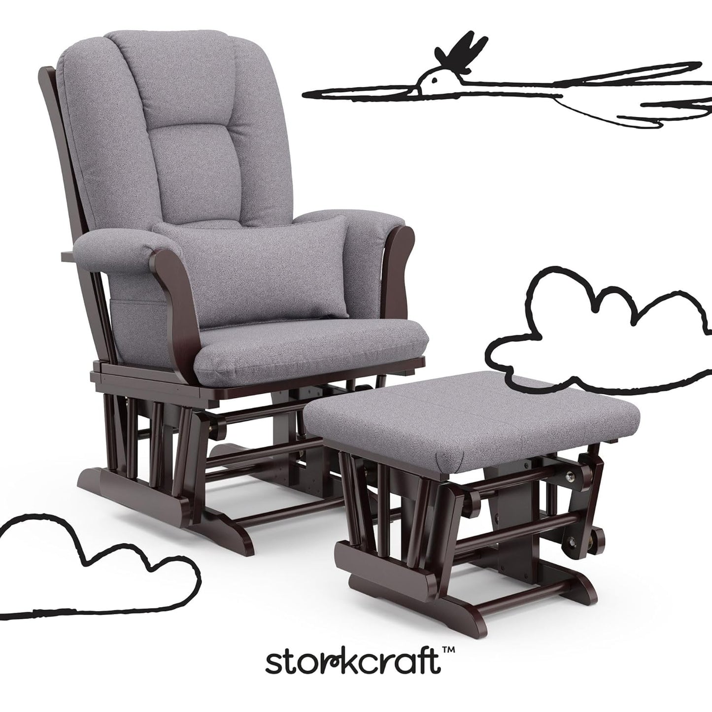 Storkcraft Tuscany Glider with Ottoman (Black/Gray) — GREENGUARD Gold Certified, Bonus Lumbar Cushion Included, Solid Wood Base, Smooth Motion, Award-Winning Nursery Rocking Chair, Glider and Ottoman