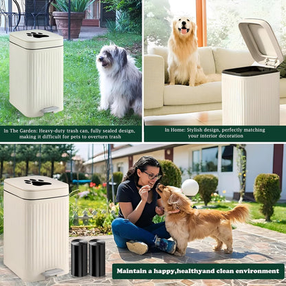 Dog Poop Trash Can Outside, 5L/1.3 Gal Pet Poop Bucket with Lid, Foot Pedal, Dog Waste Container with 40 Bags, Lid Soft Close for Pet, White