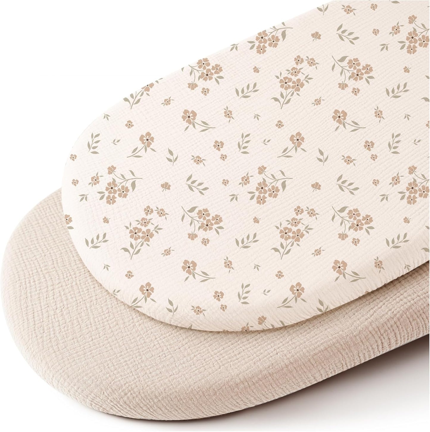 Konssy Muslin Fitted Bassinet Sheets 2 Pack for Baby Girl Boy, Soft Bedside Sleeper Bassinet Sheets Fit for Baby Bassinets, Moses Basket Oval Rectangle Pad/Mattress