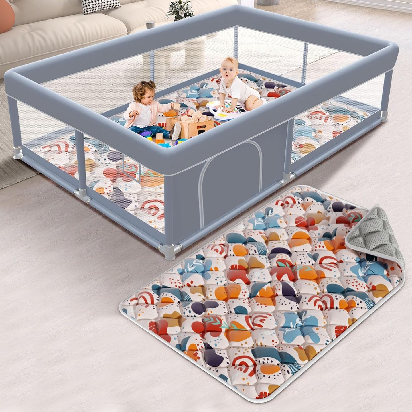 XVISHX 65 x 50 Inch Baby Playpen, Playpen for Babies and Toddlers, Baby Play Pen Playard for Indoor & Outdoor Active Center Game Fence, with Skin-Friendly Fabric and Soft Breathable Mesh, Grey