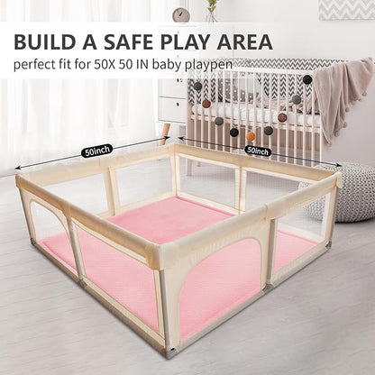 Huloo Sleep Baby Play Mat for Floor,1.3" Thick Elasti-Foam 50x50 Playpen Mat for Toddlers Infant Kids,Water-Repellent Soft Coral Velvet Tummy Time Mats,Non Slip Crawling Mats,Tatami Style(Pink)