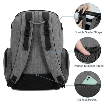 Mancro Diaper Bag Backpack, Baby Diaper Bag with 2 Side Insulated Pockets, Travel Diaper Backpack for Men Women with Stroller Straps, Large Capacity and Waterproof, Grey