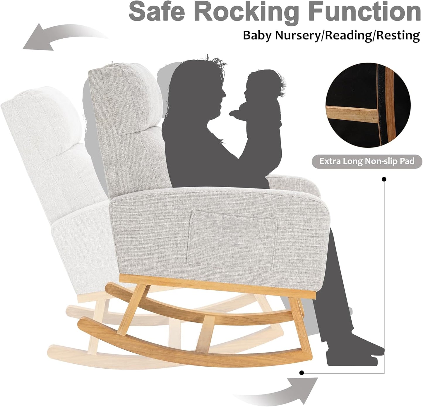 Rocking Chair Nursery, Upholstered Nursing Rocker Chair for Mom with High Backrest and Side Pockets for Bedroom Living Room, Beige