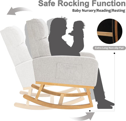 Rocking Chair Nursery, Upholstered Nursing Rocker Chair for Mom with High Backrest and Side Pockets for Bedroom Living Room, Beige