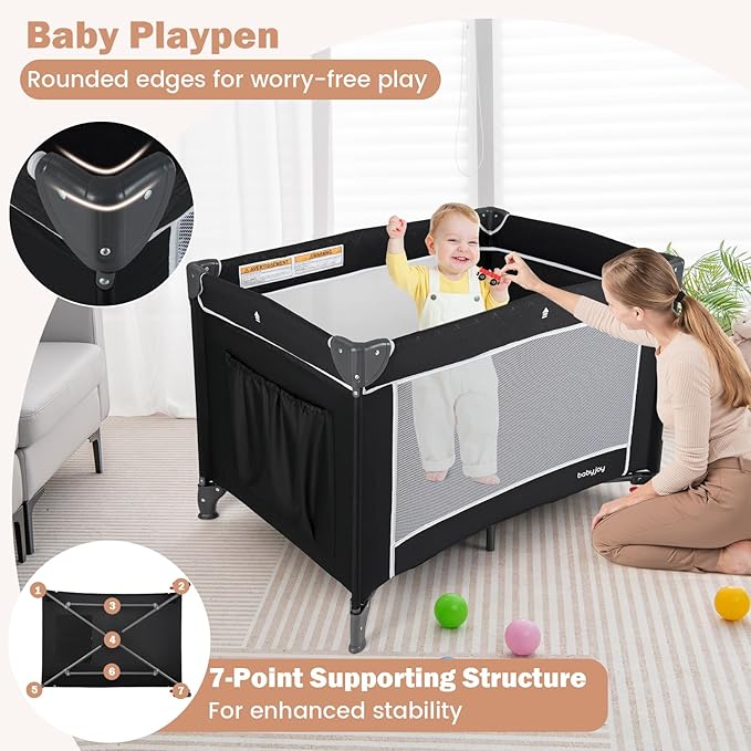 BABY JOY 3 in 1 Pack and Play, Travel Baby Crib Bassinet Bed with Bassinet, Changing Table with Safety Belt, Toy Bar, Lockable Wheels, Portable Baby Playard from Newborn to Toddler