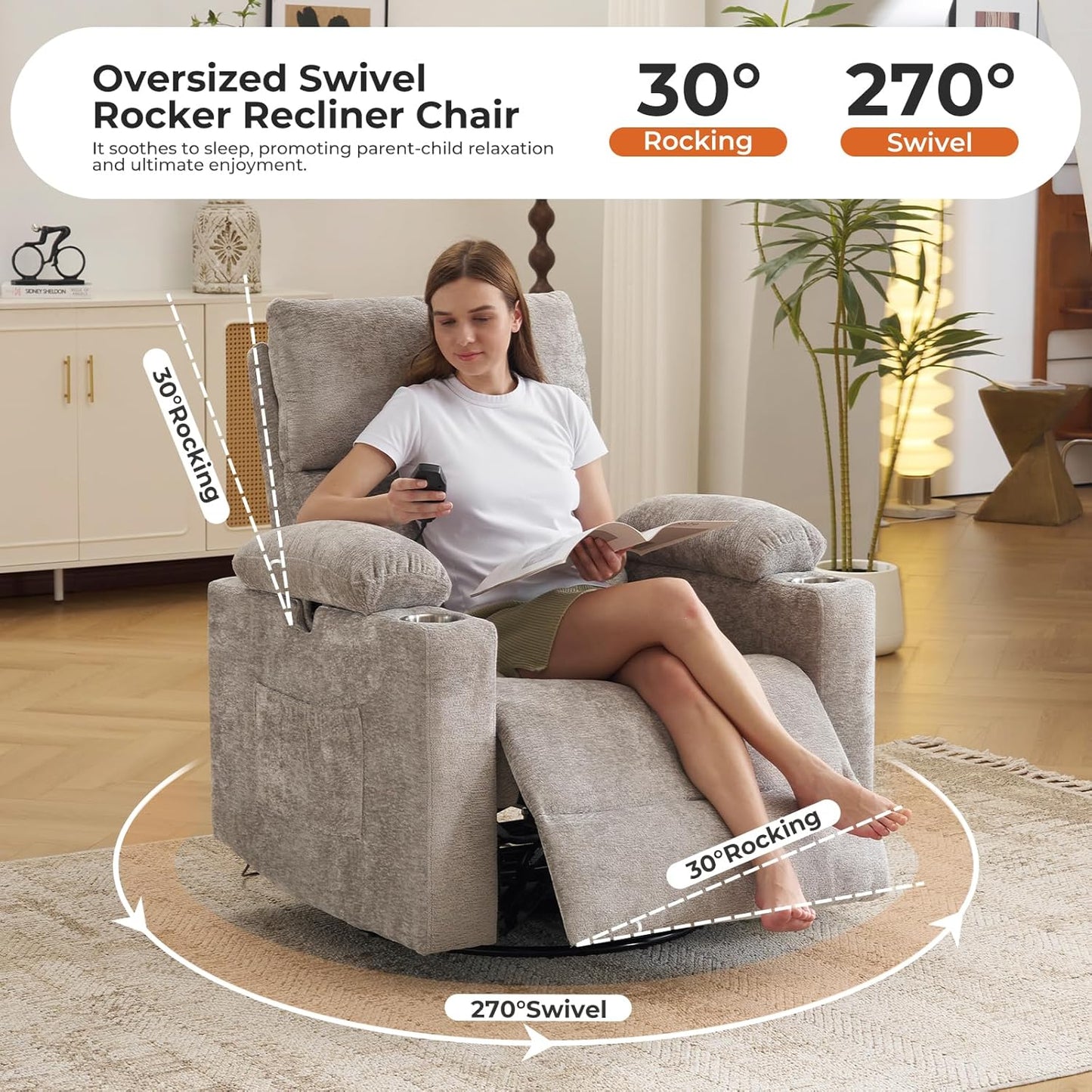 Rocking Chair Nursery with Adjustable Armrests, Electric Glider Recliner Nursing Chair for Breastfeeding, Power Swivel Recliner Chairs with Massage and Heat, Adjustable Headrest , FSC Certified, White