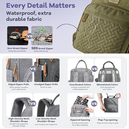 RUVALINO Diaper Bag Backpack, Multifunction Travel Pack Maternity Baby Changing Bags, Large Capacity, Waterproof, Olive Green