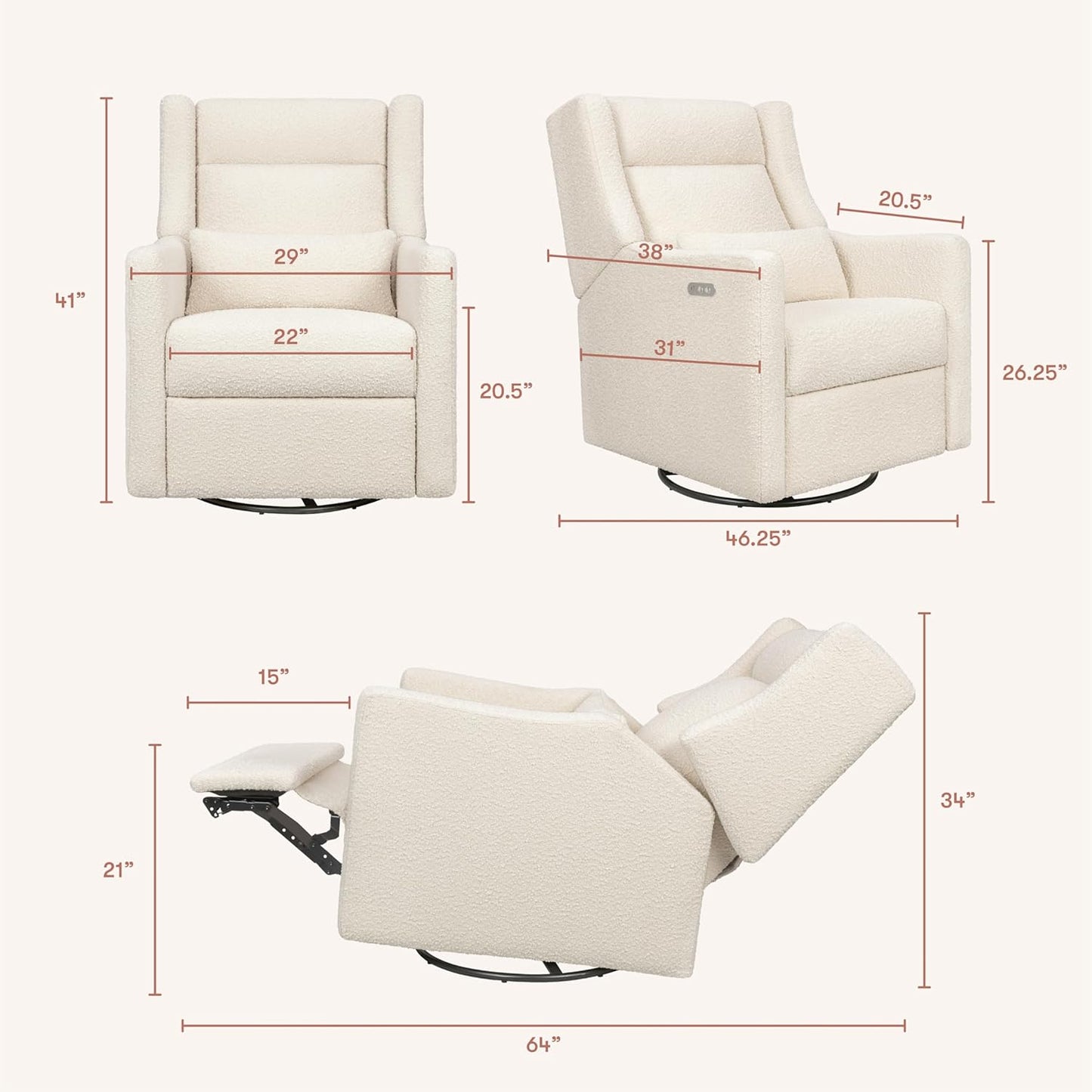 Kiwi Glider Recliner w/Electronic Control and USB | in Almond Teddy Loop w/Light Wood Base, Greenguard Gold Certified
