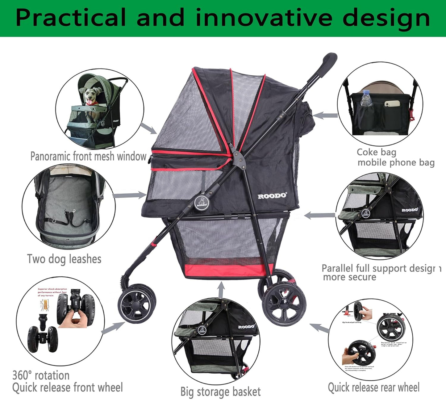 ROODO Escort 3 Wheel Dog Cat Pet Stroller for Small/Medium Dogs Cats Best Lightweight Foldable Portable Compact Jogger All Terrain Travel Pet Gear System Puppy Doggie Bunny Kitty Stroller(Grey)