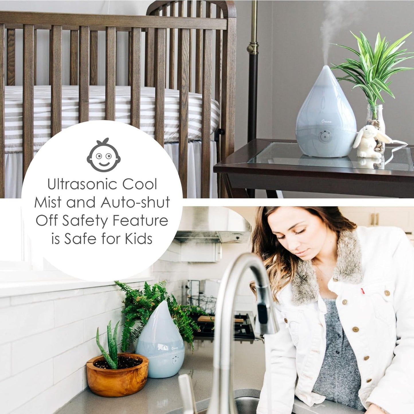 Crane Droplet Ultrasonic Small Air Humidifiers for Bedroom and Office, 0.5 Gallon Cool Mist Humidifier for Plants and Home, Humidifier Filters Optional, White