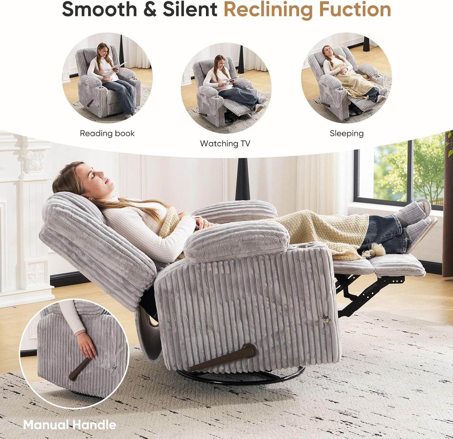 Oversized Power Recliner Chair with Massage and Heat, Swivel Rocker Recliner Chair for Adults with Arm Storage, Nursery Glider Recliner with Adjustable Headrest and Phone Stand, Side Pockets, Beige