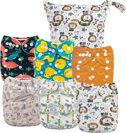 ALVABABY 6pcs Cloth Diaper Covers &1 Wet Dry Bag, Washable Reusable Cloth Nappy Shell for Prefold with Multi-Functional Bag, Flat or Fitted Diaper Inserts 6NKZ06