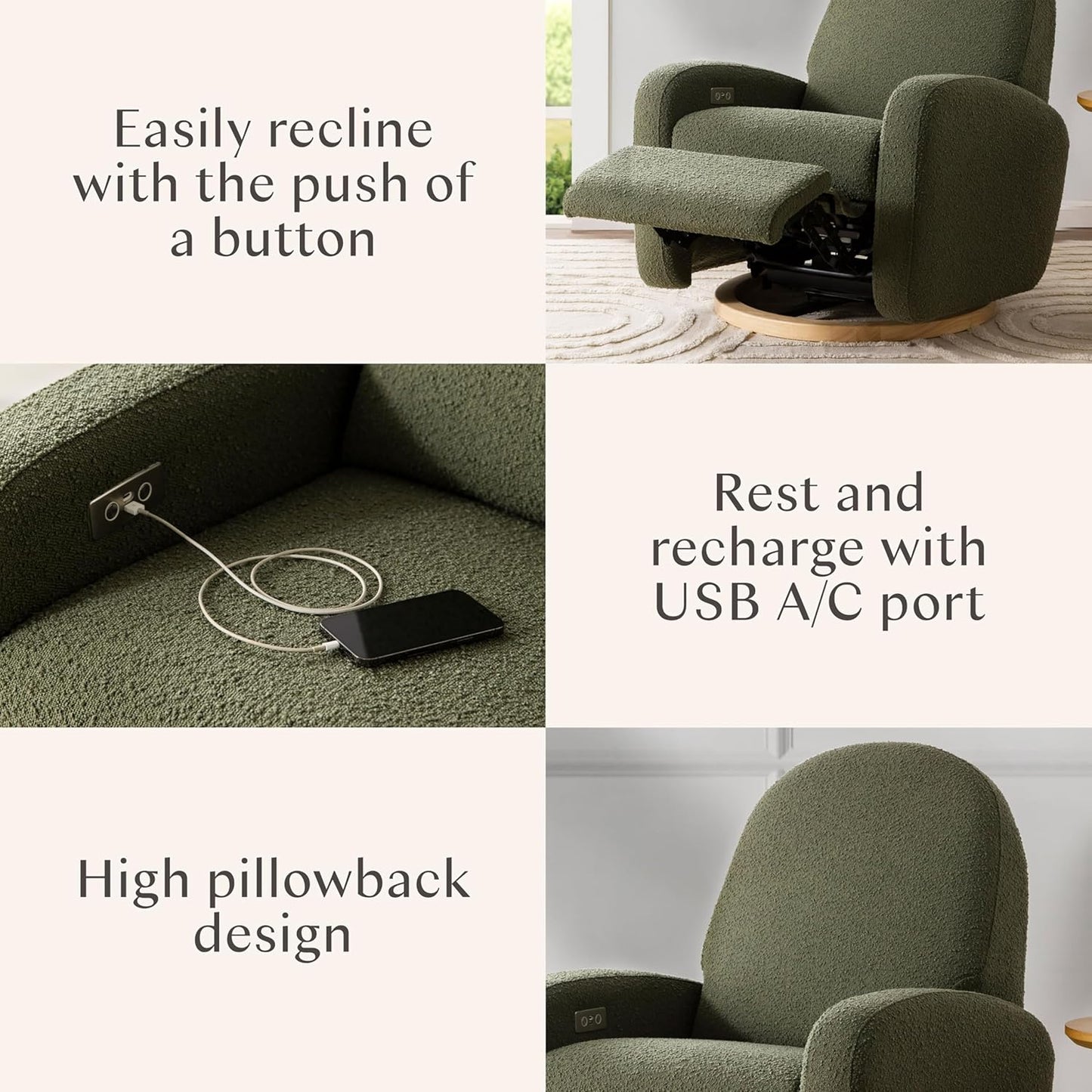 Babyletto Nami Electronic Power Recliner and Swivel Glider with USB Port in Ivory Boucle with Light Wood Base, Greenguard Gold and CertiPUR-US Certified