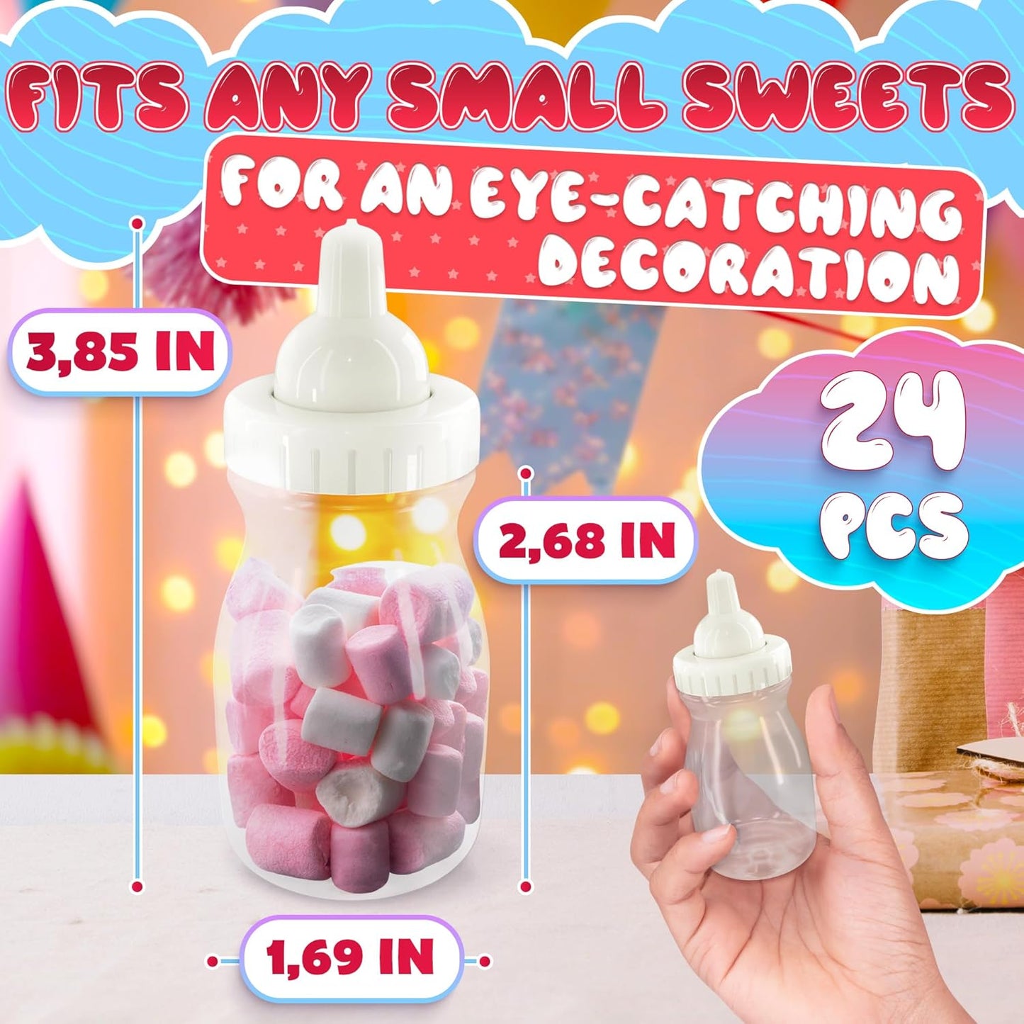 24 Pcs Small Bottles for Mom to Be Party – Clear Fillable Milk-Shaped Containers for Candy, Figurines, Coins, Trinkets – Durable Plastic Decoration for Shower Party Сelebration, Events, Fun Activities