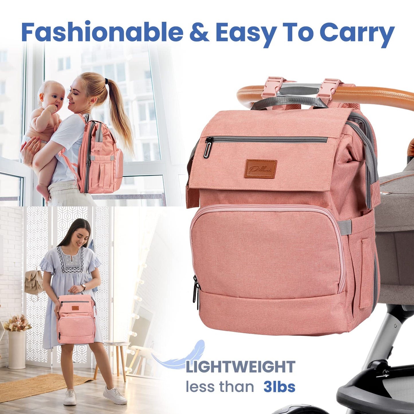 PILLANI Baby Diaper Bag Backpack - Large Waterproof Travel Diaper Bag for Boys & Girls, 16 Organizer Pockets with Changing Pad, Insulated Bottle Pockets & Stroller Straps, Baby Shower Gifts, Dinosaur