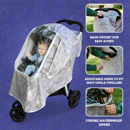 Mommy’s Helper Universal Stroller Rain Cover with Zoo Animal Design – Waterproof Weather Shield, Clear Front Window & Roll-Up Panel, Machine Washable, Grey