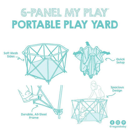 Regalo Safety My Play Portable Baby Playpen & Play Yard, Foldable 6-Panel Indoor Outdoor Playpen for Babies & Toddlers, Mesh Sides, Washable Fabric, 48”, Aqua/Black
