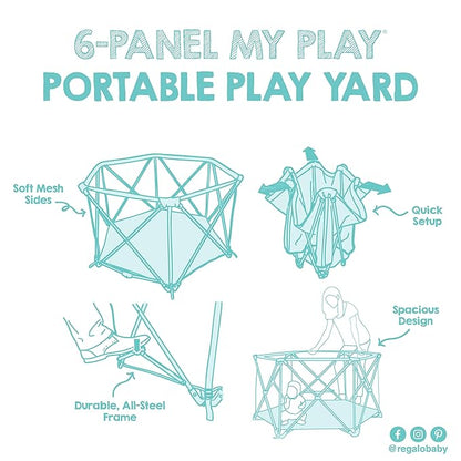 Regalo Safety My Play Portable Baby Playpen & Play Yard, Foldable 6-Panel Indoor Outdoor Playpen for Babies & Toddlers, Mesh Sides, Washable Fabric, 48”, Aqua/Black