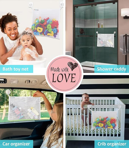Bath Toy Net for Tub – Large Bath Toy Storage, Mesh Bath Toy Holder for Bathtub, Quick Dry Bathroom Bag for Kids Shower, Hanging Basket Organizer with Strong 6 Suction Cups 4 Adhesive Hooks, 2 Pack