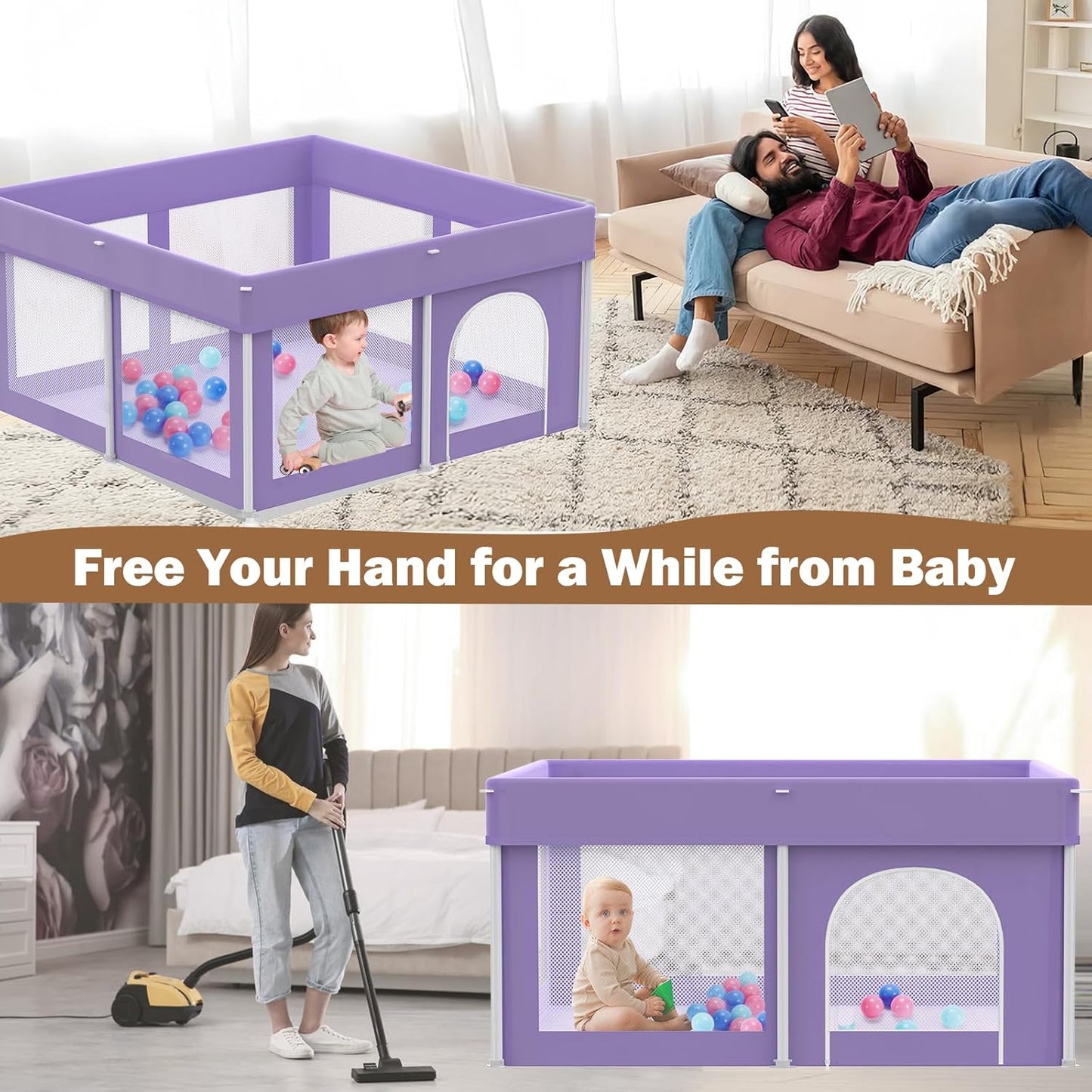 Foldable Baby Playpen 50"×50", Playard for Babies and Toddlers, Portable Safety Baby Fence Lightweight,No Installation, Indoor & Outdoor Playpen with Ocean Balls*50, Grey