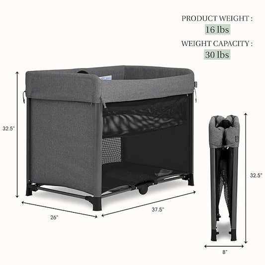 Evolur Zane Portable Playard with Instant Fold, Removable Mattress Cover & Full-Size Zipper Bassinet – Lightweight Travel Crib for Infant (0–18 Months) Grey