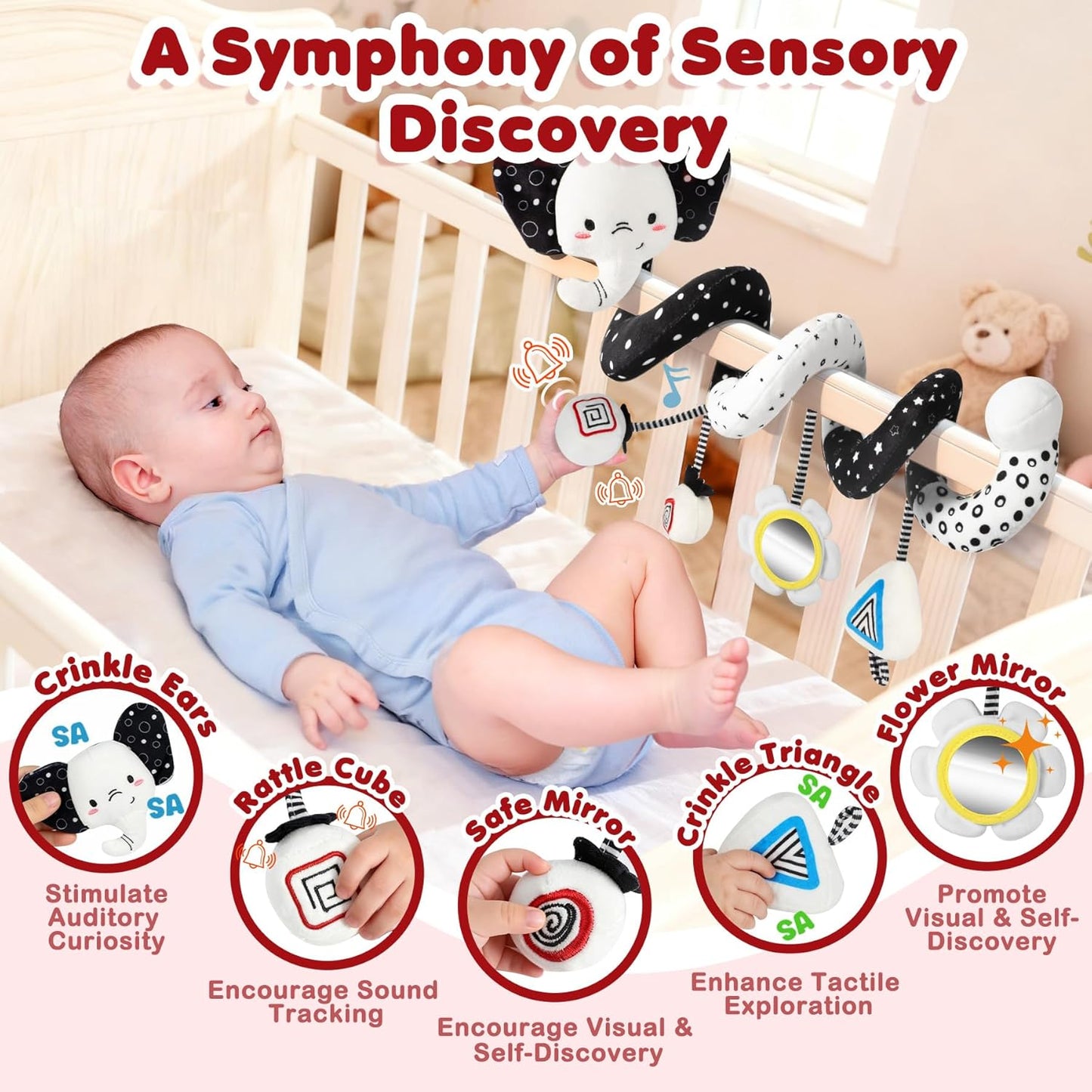 URMYWO Spiral Car Seat Toys for Babies 0-6 Months, Black and White Baby Toys, High Contrast Baby Toys for Newborn, Hanging Toy Fits Stroller, Shower Gift for Boys Girls